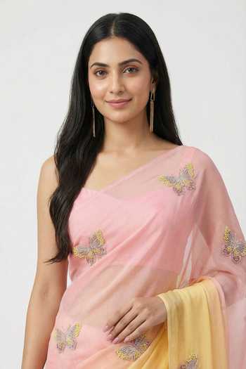 Shop_Ellemora Fashions_Pink Organza One Shoulder Sunblush Ombre Saree And Blouse Set 