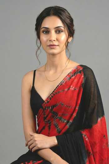 Shop_Ellemora Fashions_Black Crepe V-neck Crimson Storm Tie-dye Saree And Blouse Set 