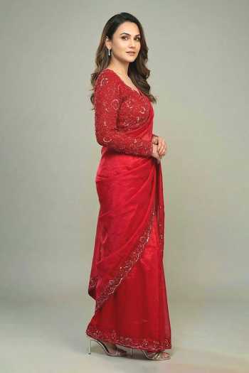 Buy_Ellemora Fashions_Red Net, Tissue Sweetheart Neck Ruby Rubaiyat Shimmer Saree Set _Online_at_Aza_Fashions