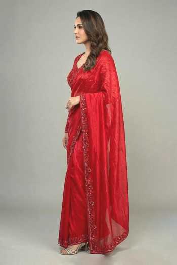 Shop_Ellemora Fashions_Red Net, Tissue Sweetheart Neck Ruby Rubaiyat Shimmer Saree Set _Online_at_Aza_Fashions