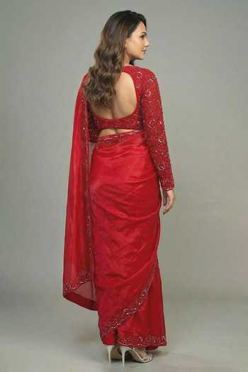 Ellemora Fashions_Red Net, Tissue Sweetheart Neck Ruby Rubaiyat Shimmer Saree Set _Online_at_Aza_Fashions