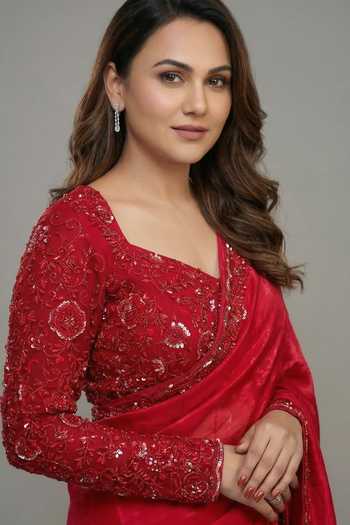 Ellemora Fashions_Red Net, Tissue Sweetheart Neck Ruby Rubaiyat Shimmer Saree Set _at_Aza_Fashions