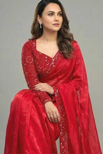 Buy_Ellemora Fashions_Red Net, Tissue Sweetheart Neck Ruby Rubaiyat Shimmer Saree Set 