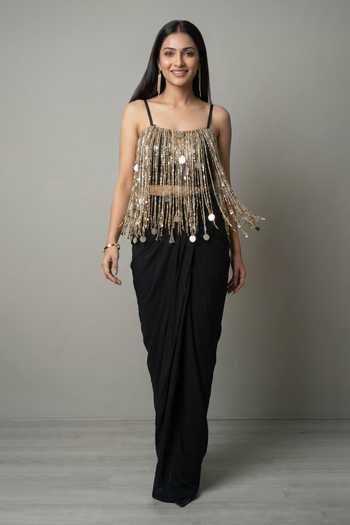 Buy_Ellemora Fashions_Black Crepe Square Neck Tassel Noir Top And Skirt Set _Online_at_Aza_Fashions