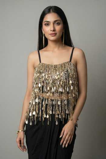 Shop_Ellemora Fashions_Black Crepe Square Neck Tassel Noir Top And Skirt Set _Online_at_Aza_Fashions