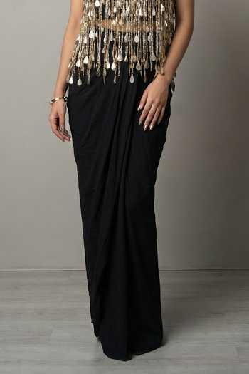 Ellemora Fashions_Black Crepe Square Neck Tassel Noir Top And Skirt Set _at_Aza_Fashions