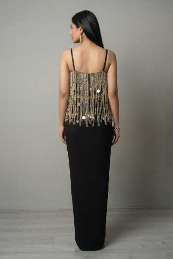 Ellemora Fashions_Black Crepe Square Neck Tassel Noir Top And Skirt Set _Online_at_Aza_Fashions