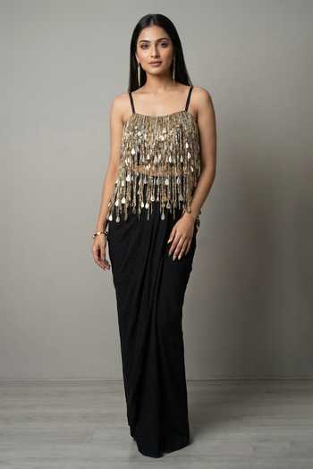 Buy_Ellemora Fashions_Black Crepe Square Neck Tassel Noir Top And Skirt Set _at_Aza_Fashions