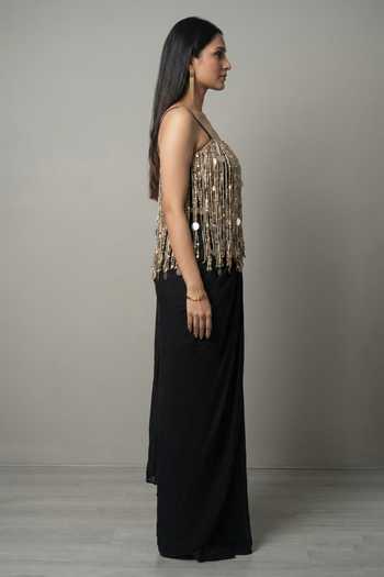 Buy_Ellemora Fashions_Black Crepe Square Neck Tassel Noir Top And Skirt Set 