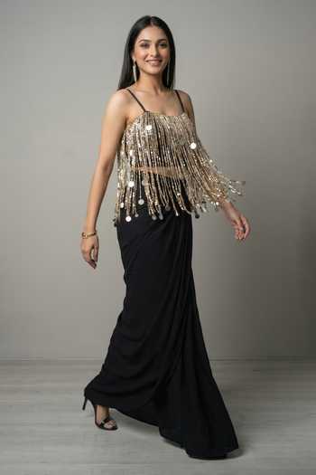 Shop_Ellemora Fashions_Black Crepe Square Neck Tassel Noir Top And Skirt Set 