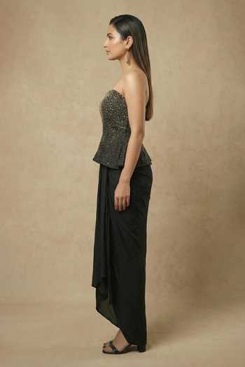 Buy_Ellemora Fashions_Black Crepe Bandeau Neck Starlit Tafta Top And Skirt Set _Online_at_Aza_Fashions