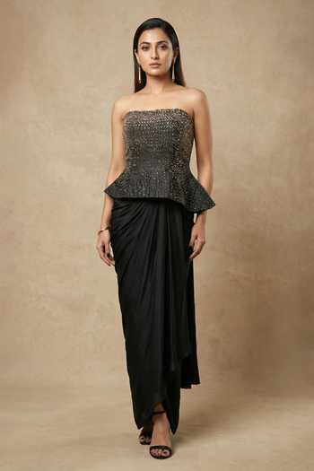 Buy_Ellemora Fashions_Black Crepe Bandeau Neck Starlit Tafta Top And Skirt Set _at_Aza_Fashions