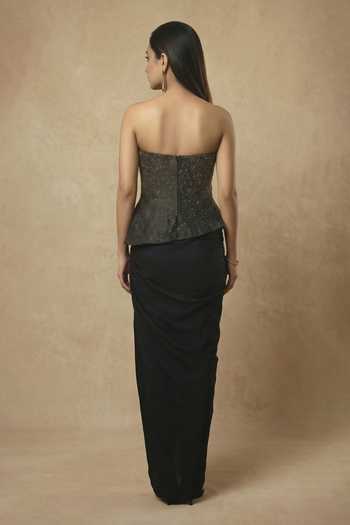 Ellemora Fashions_Black Crepe Bandeau Neck Starlit Tafta Top And Skirt Set _Online_at_Aza_Fashions