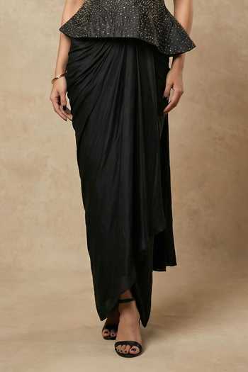 Shop_Ellemora Fashions_Black Crepe Bandeau Neck Starlit Tafta Top And Skirt Set _Online_at_Aza_Fashions