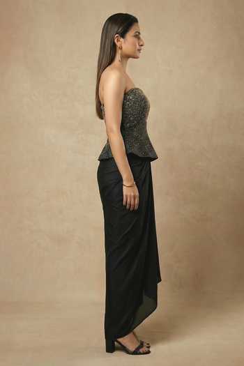Ellemora Fashions_Black Crepe Bandeau Neck Starlit Tafta Top And Skirt Set _at_Aza_Fashions