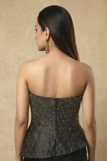 Shop_Ellemora Fashions_Black Crepe Bandeau Neck Starlit Tafta Top And Skirt Set 
