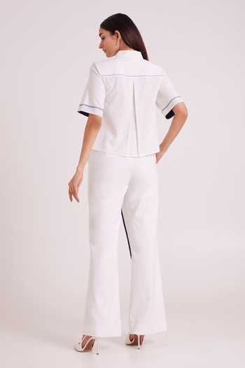 Shop_MADDER MUCH_Ivory Denim Collared Neck Avisa Blue Current Top And Pant Set _at_Aza_Fashions