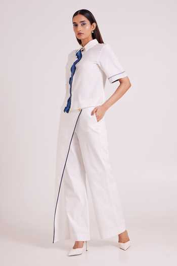 MADDER MUCH_Ivory Denim Collared Neck Avisa Blue Current Top And Pant Set _Online_at_Aza_Fashions