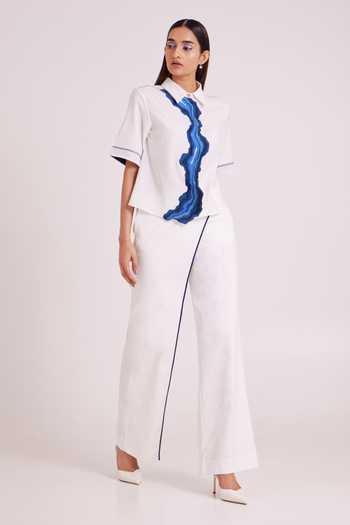 Buy_MADDER MUCH_Ivory Denim Collared Neck Avisa Blue Current Top And Pant Set _Online_at_Aza_Fashions