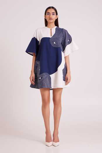 Buy_MADDER MUCH_Blue Handloom Cotton Keyhole Neck Chandra Embroidered Full Moon Dress _Online_at_Aza_Fashions