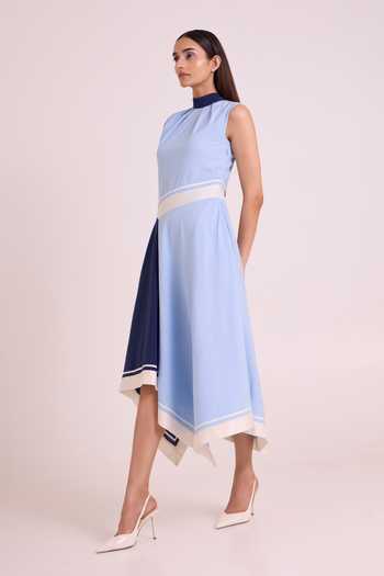 MADDER MUCH_Blue Handloom Cotton High Neck Raasa Tango Long Dress _Online_at_Aza_Fashions