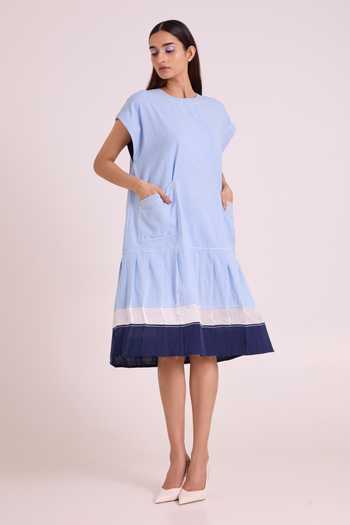 MADDER MUCH_Blue Handloom Cotton Crew Neck Sky Mitzi Volume Dress _Online_at_Aza_Fashions