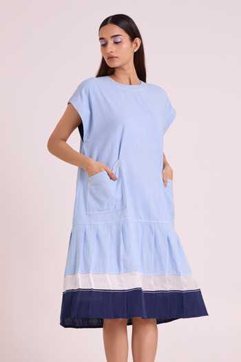 Buy_MADDER MUCH_Blue Handloom Cotton Crew Neck Sky Mitzi Volume Dress _Online_at_Aza_Fashions