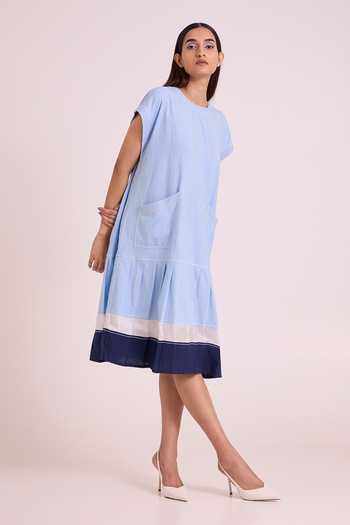 Shop_MADDER MUCH_Blue Handloom Cotton Crew Neck Sky Mitzi Volume Dress _Online_at_Aza_Fashions