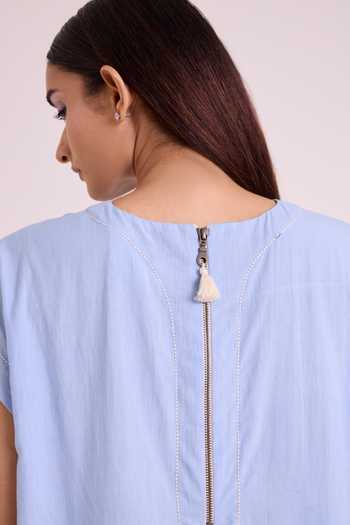 MADDER MUCH_Blue Handloom Cotton Crew Neck Sky Mitzi Volume Dress _at_Aza_Fashions