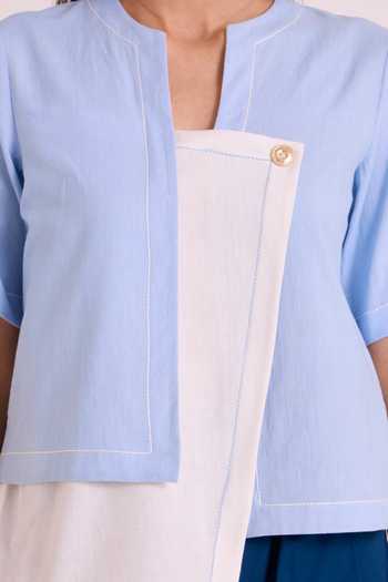 MADDER MUCH_Blue Handloom Cotton, Poplin Asymmetric Neck Shelly Panelled Top And Pant Set _at_Aza_Fashions