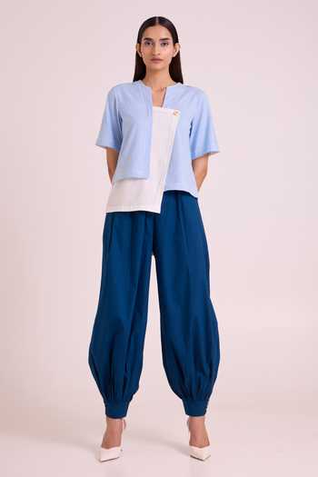 Buy_MADDER MUCH_Blue Handloom Cotton, Poplin Asymmetric Neck Shelly Panelled Top And Pant Set 