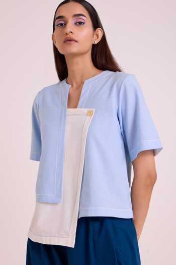 MADDER MUCH_Blue Handloom Cotton, Poplin Asymmetric Neck Shelly Panelled Top And Pant Set _Online