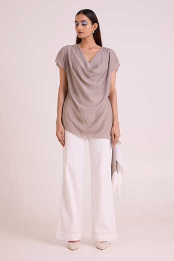 MADDER MUCH_Grey Crepe, Cotton, Denim Cowl Neck Vesa Graphite Top And Pant Set _Online_at_Aza_Fashions