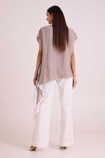 Shop_MADDER MUCH_Grey Crepe, Cotton, Denim Cowl Neck Vesa Graphite Top And Pant Set _at_Aza_Fashions