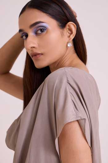 Buy_MADDER MUCH_Grey Crepe, Cotton, Denim Cowl Neck Vesa Graphite Top And Pant Set _Online_at_Aza_Fashions
