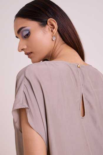 Shop_MADDER MUCH_Grey Crepe, Cotton, Denim Cowl Neck Vesa Graphite Top And Pant Set _Online_at_Aza_Fashions