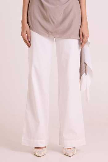 MADDER MUCH_Grey Crepe, Cotton, Denim Cowl Neck Vesa Graphite Top And Pant Set _at_Aza_Fashions