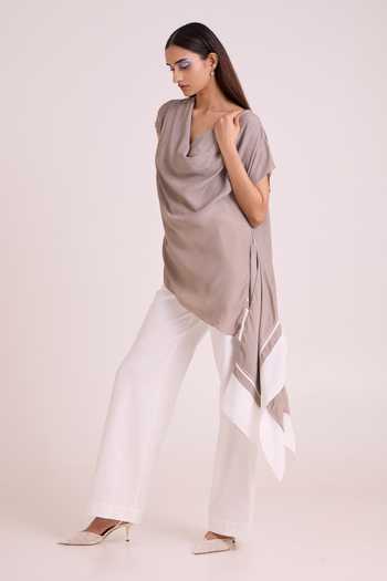 Buy_MADDER MUCH_Grey Crepe, Cotton, Denim Cowl Neck Vesa Graphite Top And Pant Set 