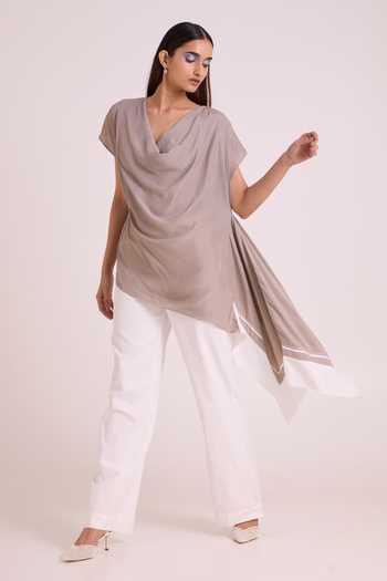 Shop_MADDER MUCH_Grey Crepe, Cotton, Denim Cowl Neck Vesa Graphite Top And Pant Set 