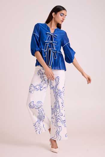MADDER MUCH_Blue Chanderi Silk, Linen, Satin, Cotton, Denim Mikel Tides Top And Pant Set _Online
