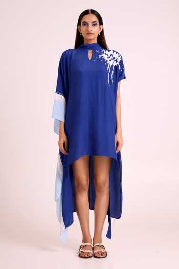 MADDER MUCH_Blue Crepe High , Keyhole Ray Electric Scarf Kaftan _at_Aza_Fashions