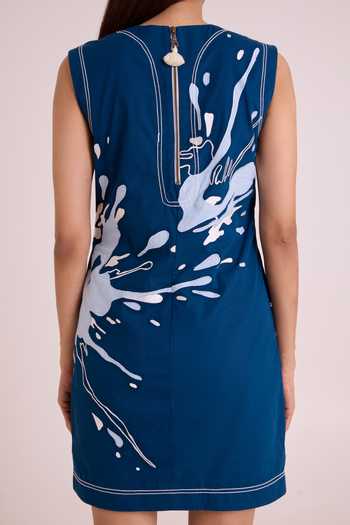 MADDER MUCH_Blue Cotton, Poplin Round Neck Hudson Frozen Lake Short Dress _Online_at_Aza_Fashions