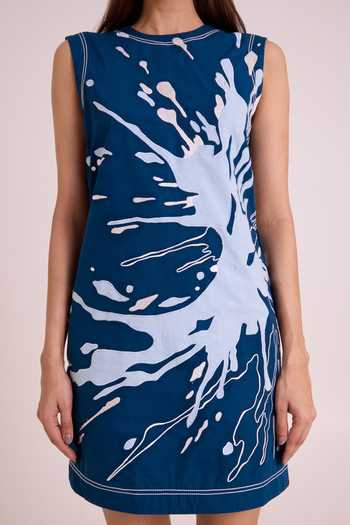 Buy_MADDER MUCH_Blue Cotton, Poplin Round Neck Hudson Frozen Lake Short Dress _Online_at_Aza_Fashions