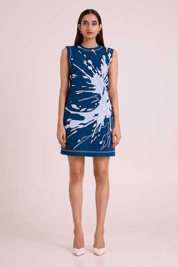 MADDER MUCH_Blue Cotton, Poplin Round Neck Hudson Frozen Lake Short Dress _at_Aza_Fashions
