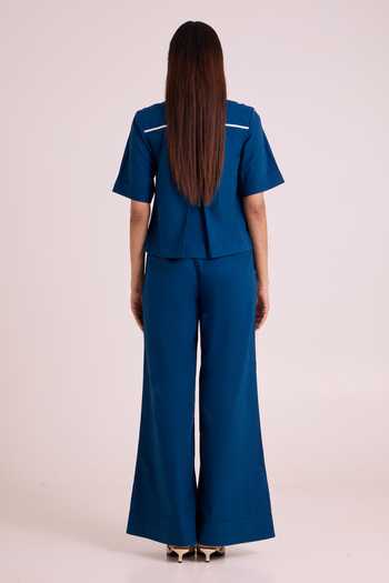 Shop_MADDER MUCH_Blue Poplin, Cotton Collared Neck Nathu The Short And Tall Pant With Top _at_Aza_Fashions