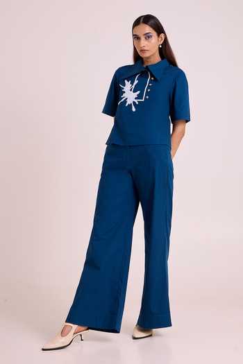 Buy_MADDER MUCH_Blue Poplin, Cotton Collared Neck Nathu The Short And Tall Pant With Top _Online_at_Aza_Fashions