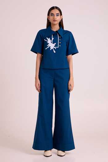 Shop_MADDER MUCH_Blue Poplin, Cotton Collared Neck Nathu The Short And Tall Pant With Top _Online_at_Aza_Fashions