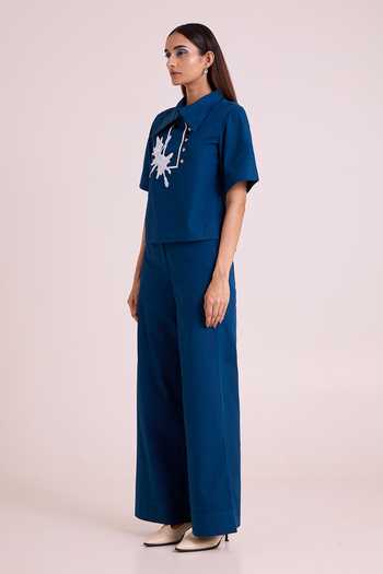 MADDER MUCH_Blue Poplin, Cotton Collared Neck Nathu The Short And Tall Pant With Top _at_Aza_Fashions