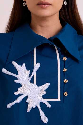 MADDER MUCH_Blue Poplin, Cotton Collared Neck Nathu The Short And Tall Pant With Top _Online
