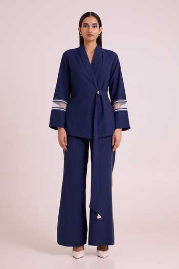 Buy_MADDER MUCH_Blue , Handloom Danube Midnight Moon Blazer And Pant Set _Online_at_Aza_Fashions